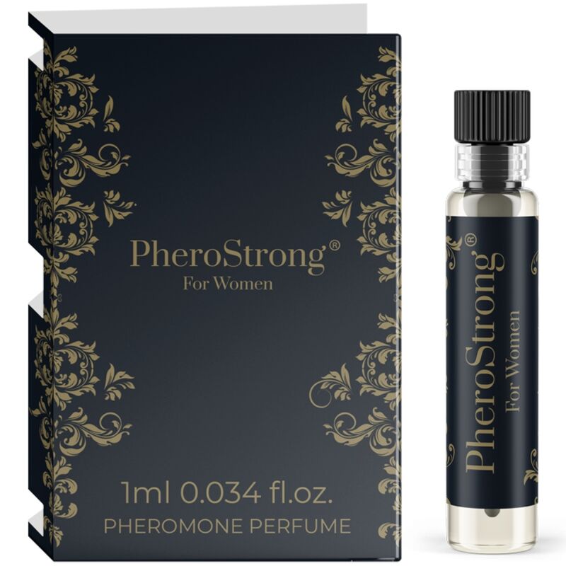 Perfume con feromonas para mujer PHEROSTRONG, frasco de 1 ml con envase transparente y etiqueta con detalles del producto.