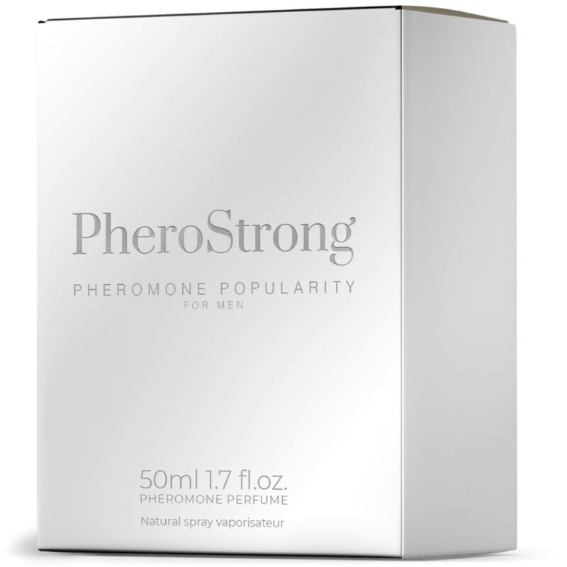 Perfume para hombre Pherostrong con feromonas, frasco de 50 ml, envase elegante y moderno en la imagen.