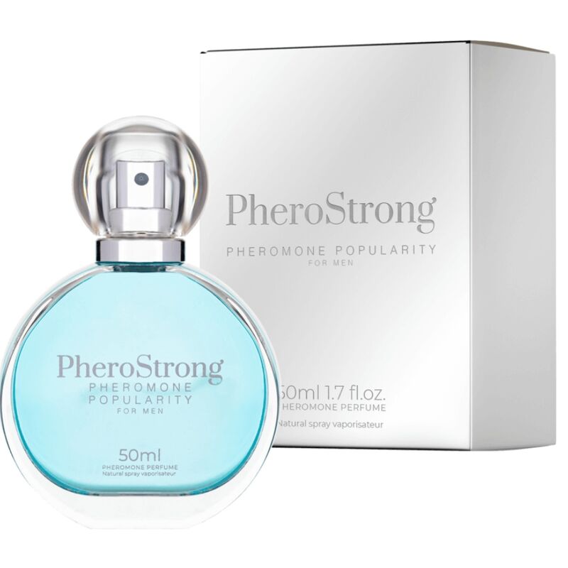 Perfume PHEROSTRONG con feromonas para hombre, frasco de 50 ml, botella elegante y moderna en la imagen.