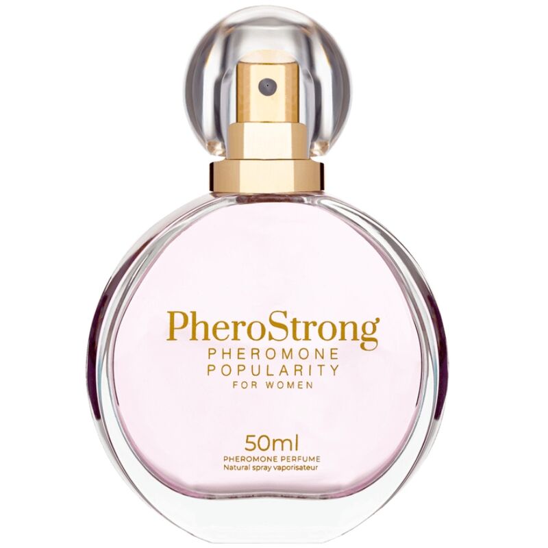 Perfume PHEROSTRONG con feromonas para mujer, frasco de 50 ml, con diseño elegante y aroma atractivo.
