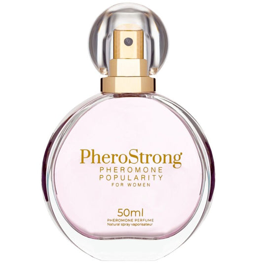 Perfume PHEROSTRONG con feromonas para mujer, frasco de 50 ml, con diseño elegante y aroma atractivo.