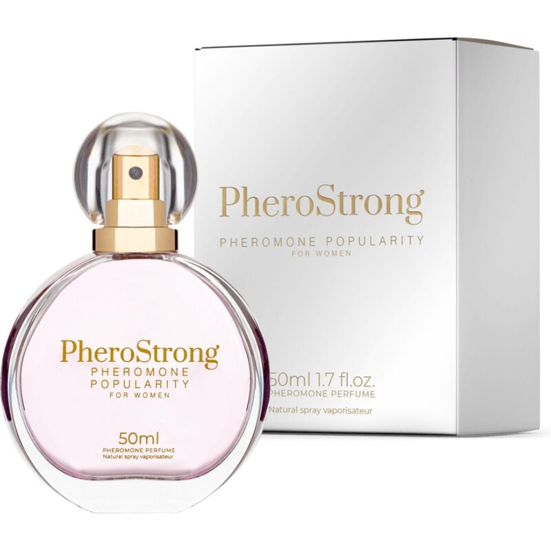 Perfume Pherostrong con feromonas para mujer, frasco de 50 ml, con botella elegante y diseño moderno.