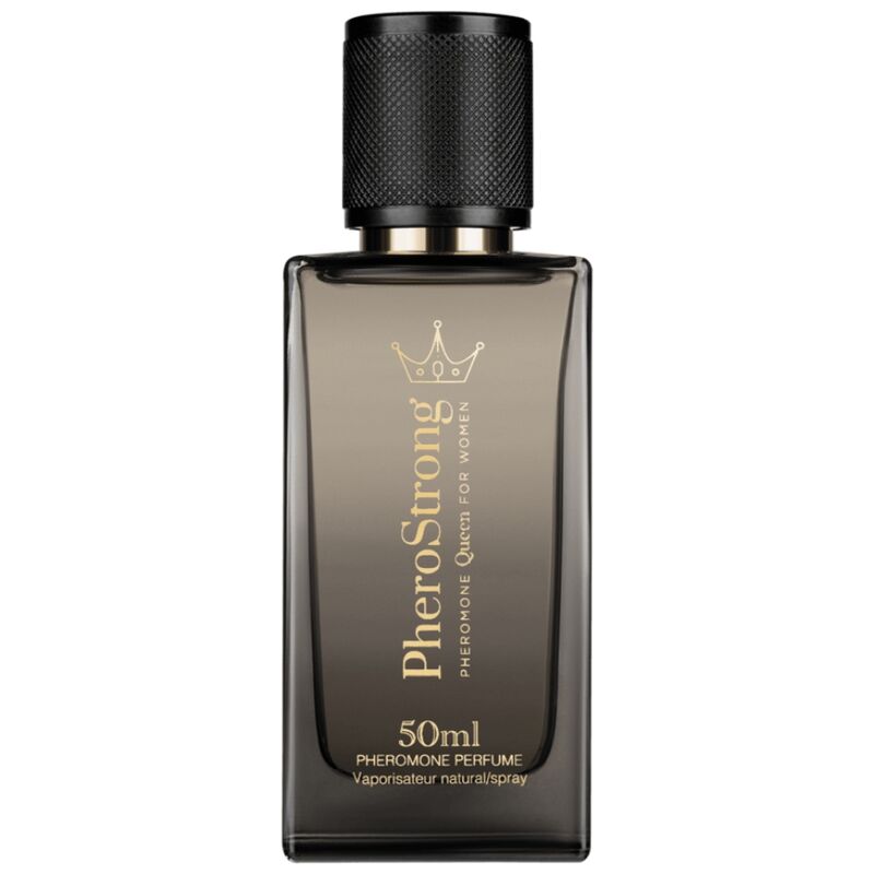Perfume con feromonas Queen para mujer, frasco de 50 ml de la marca PHEROSTRONG, botella elegante y moderna.