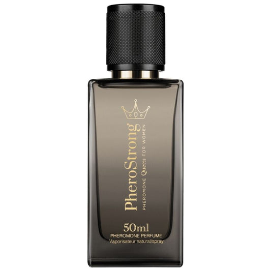 Perfume con feromonas Queen para mujer, frasco de 50 ml de la marca PHEROSTRONG, botella elegante y moderna.