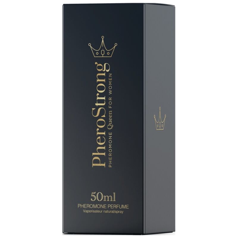 Perfume PHEROSTRONG Queen para mujer con feromonas, frasco de 50 ml, botella elegante y moderna sobre fondo neutro.