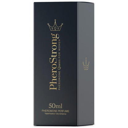 Perfume PHEROSTRONG Queen para mujer con feromonas, frasco de 50 ml, botella elegante y moderna sobre fondo neutro.