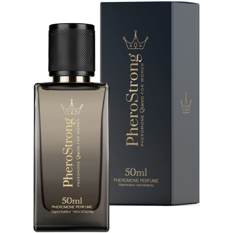 Perfume con feromonas PHEROSTRONG Queen para mujer, botella de 50 ml con frasco elegante y diseño moderno.