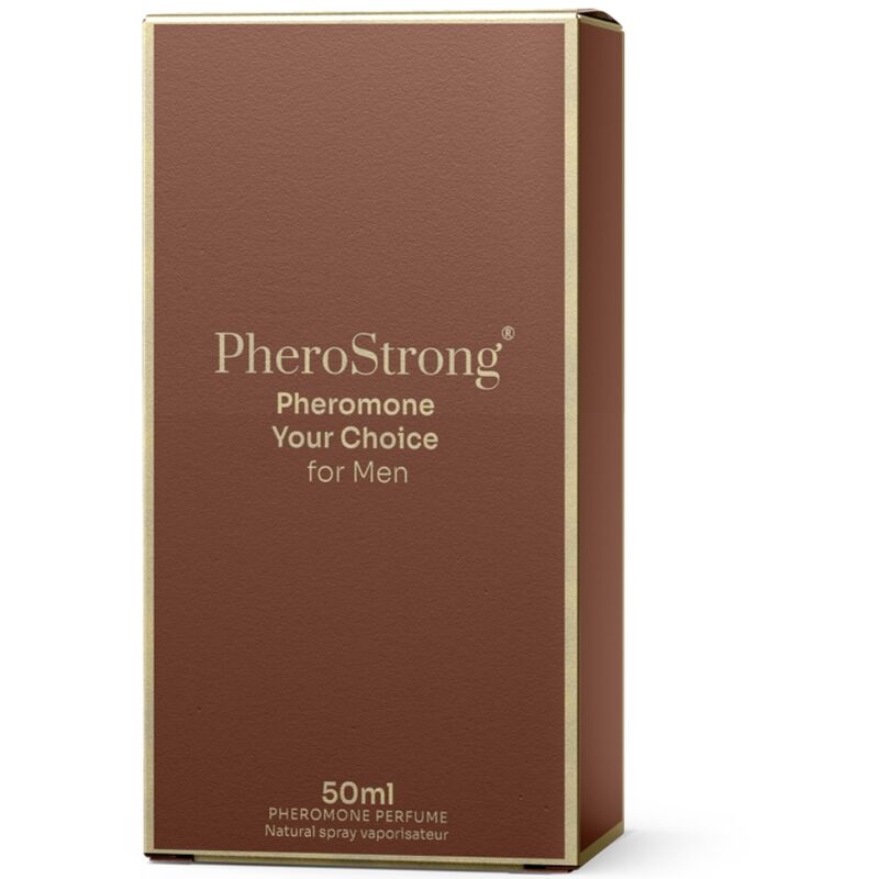 Perfume con feromonas PHEROSTRONG para hombre, frasco de 50 ml, envase con diseño y etiqueta visible.