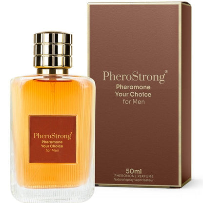 Perfume PHEROSTRONG con feromonas para hombre, frasco de 50 ml, botella elegante y moderna en la imagen.