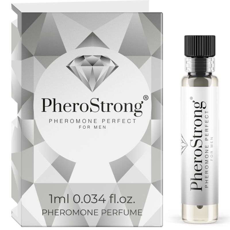 PHEROSTRONG perfume with pheromones for men, 1 ml bottle, close-up of the small fragrance vial with branding.