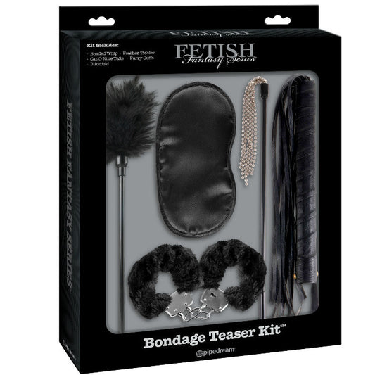 Fetish Fantasy Limited Edition Bondage Teaser Kit by Pipedreams, featuring cuffs, blindfold, and restraint accessories.