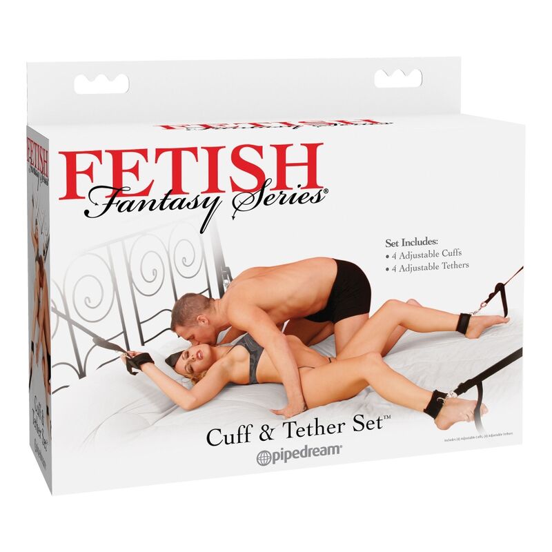 Pipedreams Fetish Fantasy handcuffs and restraints set displayed on a neutral background, showcasing various accessories.