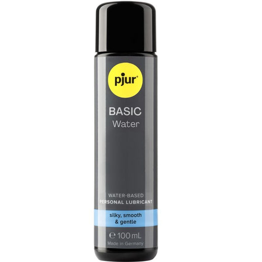 PJUR Basic Waterbased lubricant in a 100 ml bottle, showcasing clear liquid and sleek packaging design.
