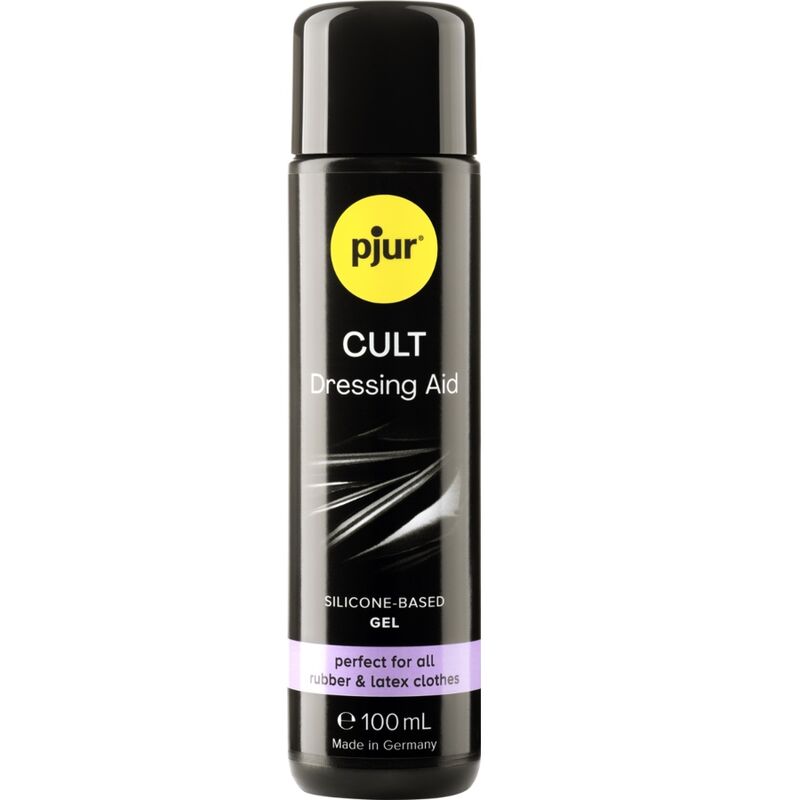 Lubricante PJUR CULT para látex, frasco de 100 ml, con envase blanco y etiqueta, ideal para uso con prendas de látex.