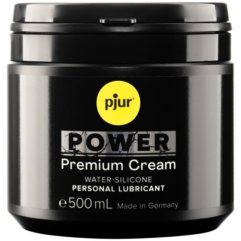 Lubricante personal Pjur Power Premium Cream, crema de 500 ml en envase blanco con tapa, para uso íntimo y comodidad.