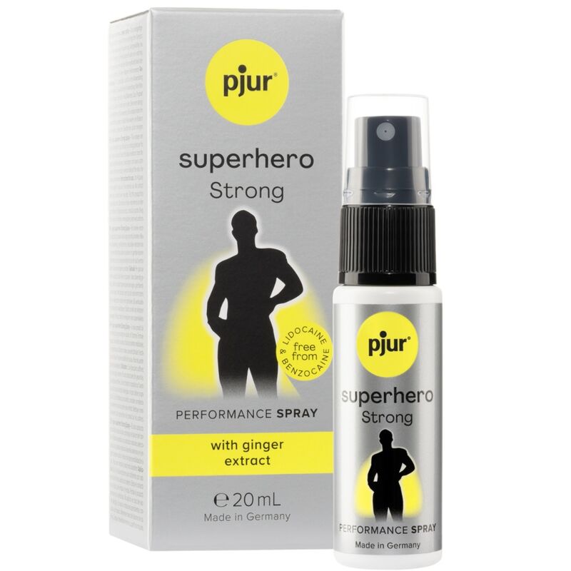 Spray retardante PJUR Superhero Strong de 20 ml, botella con pulverizador para mayor duración en uso íntimo.