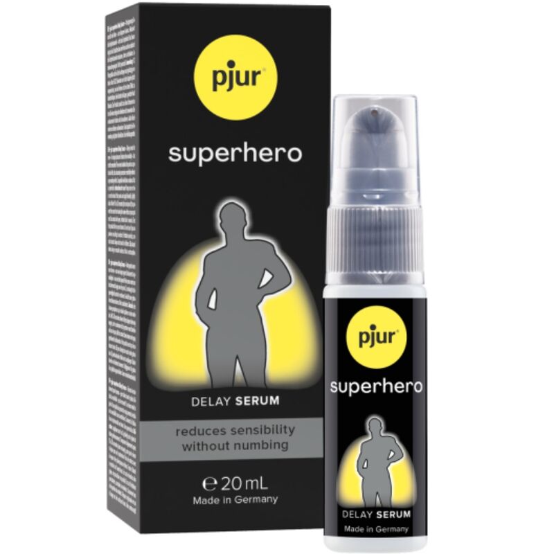 Suero retardante Pjur Superhero en botella de 20 ml, concentrado para prolongar la duración en uso íntimo.
