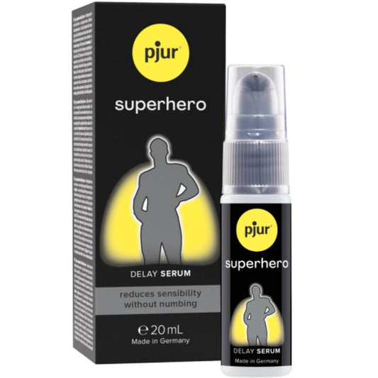Suero retardante Pjur Superhero en botella de 20 ml, concentrado para prolongar la duración en uso íntimo.