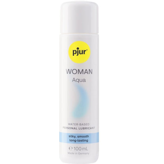 Lubricante de agua Pjur Woman Aqua en botella de 100 ml, base acuosa y suave para uso íntimo femenino.