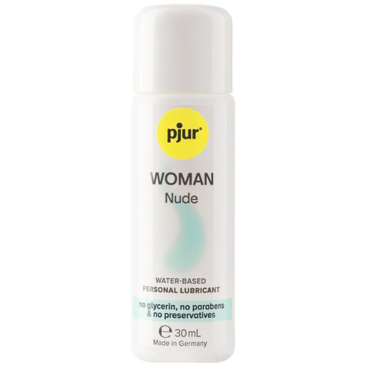 Lubricante base agua PJUR Woman Nude en envase de 30 ml, líquido transparente y suave para uso personal y íntimo.