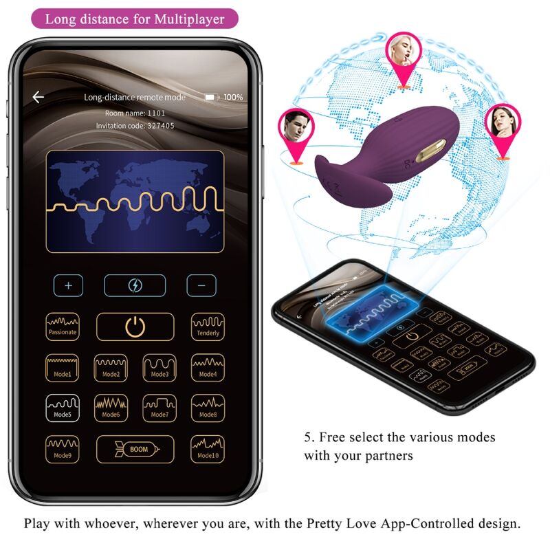 Plug anal controlado por app Pretty Love Jefferson en color lila, con diseño ergonómico y control remoto para placer personal.