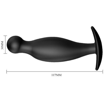Black silicone anal plug by Pretty Love, measuring 11.7 cm, showcasing smooth design and tapered tip for easy insertion.