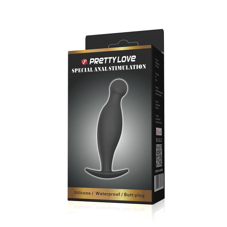 Black silicone anal plug by Pretty Love, measuring 11.7 cm, showcasing its smooth texture and ergonomic design.