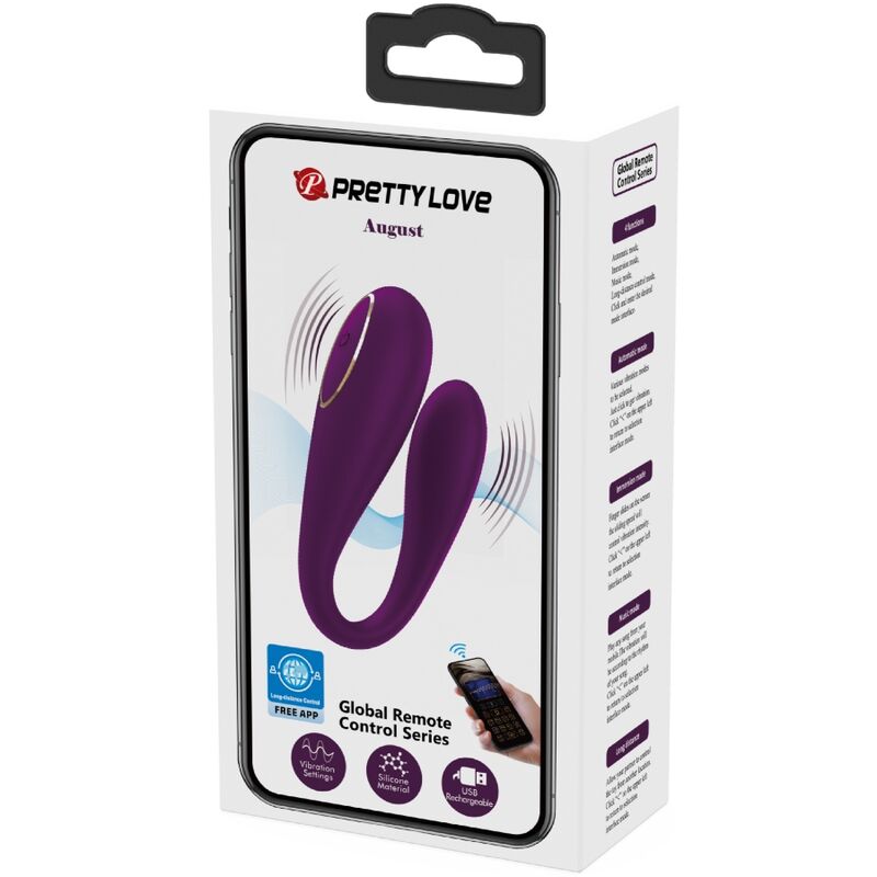 Vibrador doble de placer PRETTY LOVE AUGUST con control remoto y app, diseñado para estimulación dual y placer personalizado.