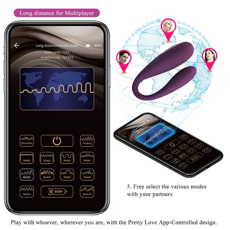 Vibrador doble placer PRETTY LOVE AUGUST con control remoto y app, diseño elegante y discreto para experiencias íntimas.