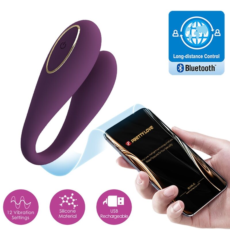 Vibrador doble placer PRETTY LOVE AUGUST con control remoto y app, estilo C-Type, en colores vibrantes y diseño ergonómico.