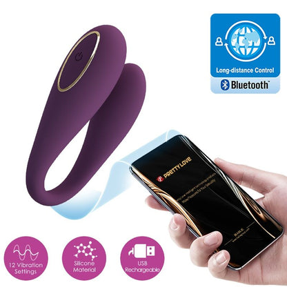 Vibrador doble placer PRETTY LOVE AUGUST con control remoto y app, estilo C-Type, en colores vibrantes y diseño ergonómico.
