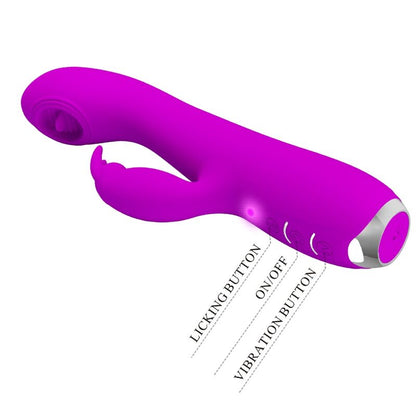 Vibrador recargable Pretty Love Rachel con succionador morado, diseño elegante y funcional para placer íntimo.