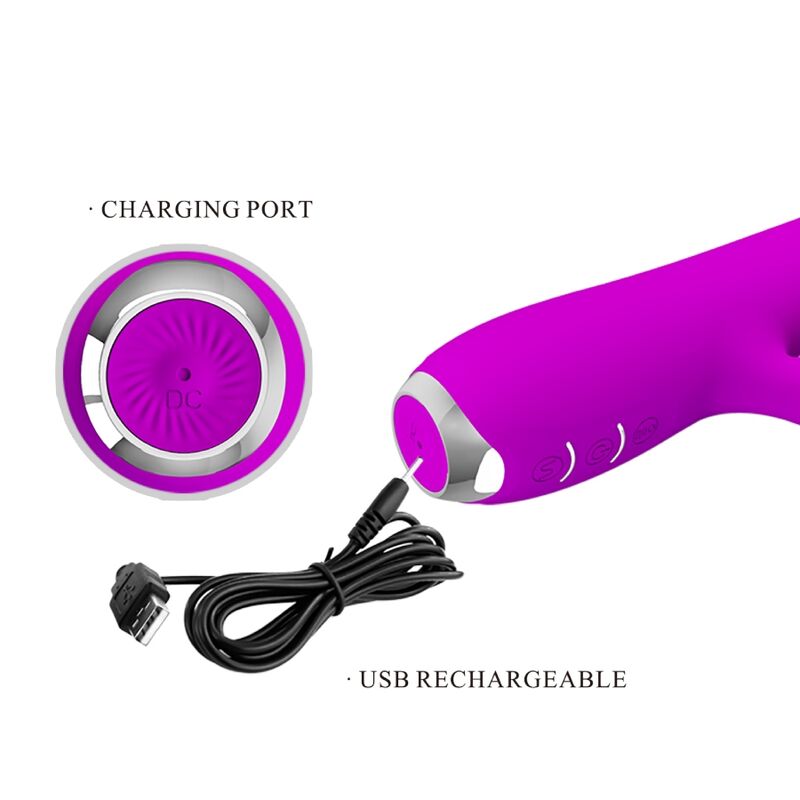 Vibrador recargable Pretty Love Rachel con succionador morado y diseño elegante, ideal para placer personal.