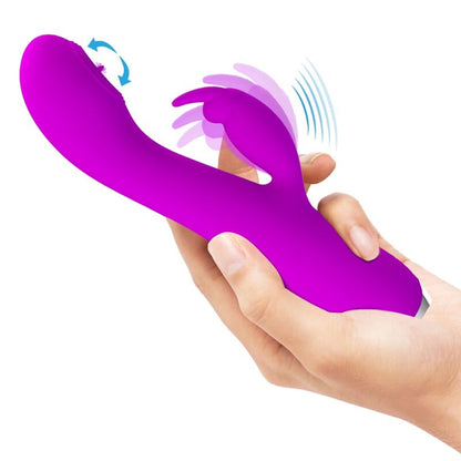Vibrador recargable Pretty Love Rachel con succionador morado y diseño c-type, ideal para estimulación personal.