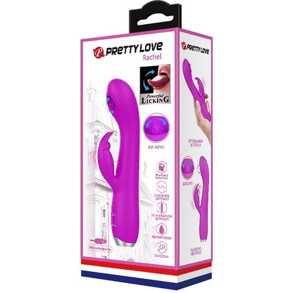 Vibrador recargable PRETTY LOVE RACHEL con succionador morado, diseñado para placer y estimulación íntima.