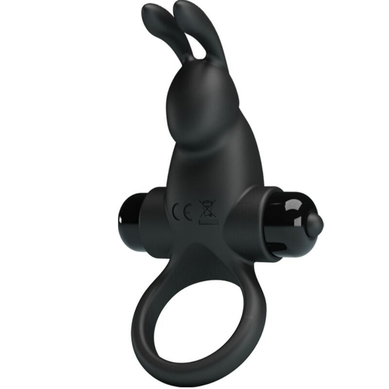 Anillo vibrador y estimulador rabbit para clítoris de color negro con 10 patrones de vibración, marca PRETTY LOVE.