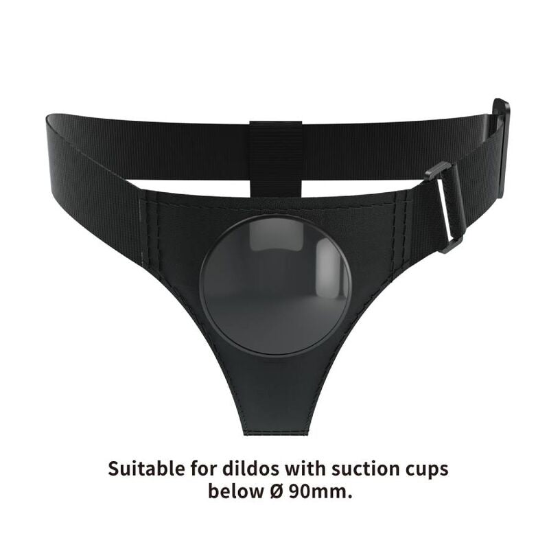 Arnés universal negro de la marca Pretty Love, con correas ajustables y cierre resistente, diseñado para uso íntimo y cómodo.