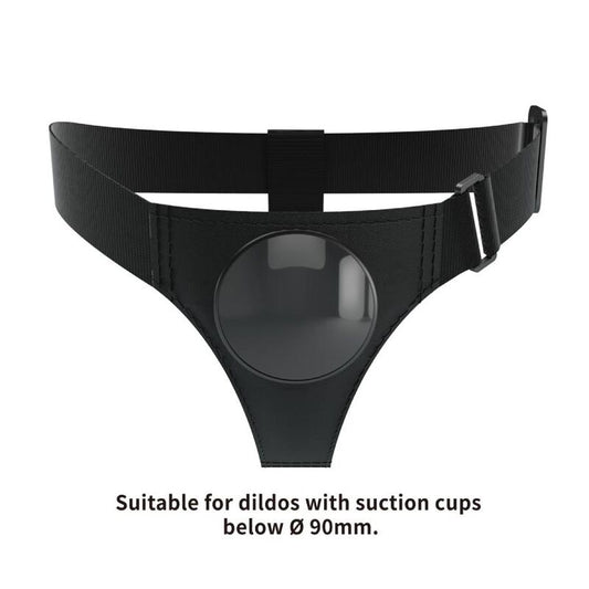 Arnés universal negro de la marca Pretty Love, con correas ajustables y cierre resistente, diseñado para uso íntimo y cómodo.