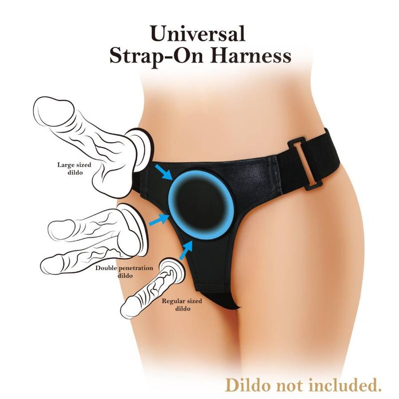 Arnés universal negro de la marca Pretty Love, con correas ajustables y diseño cómodo para uso íntimo.