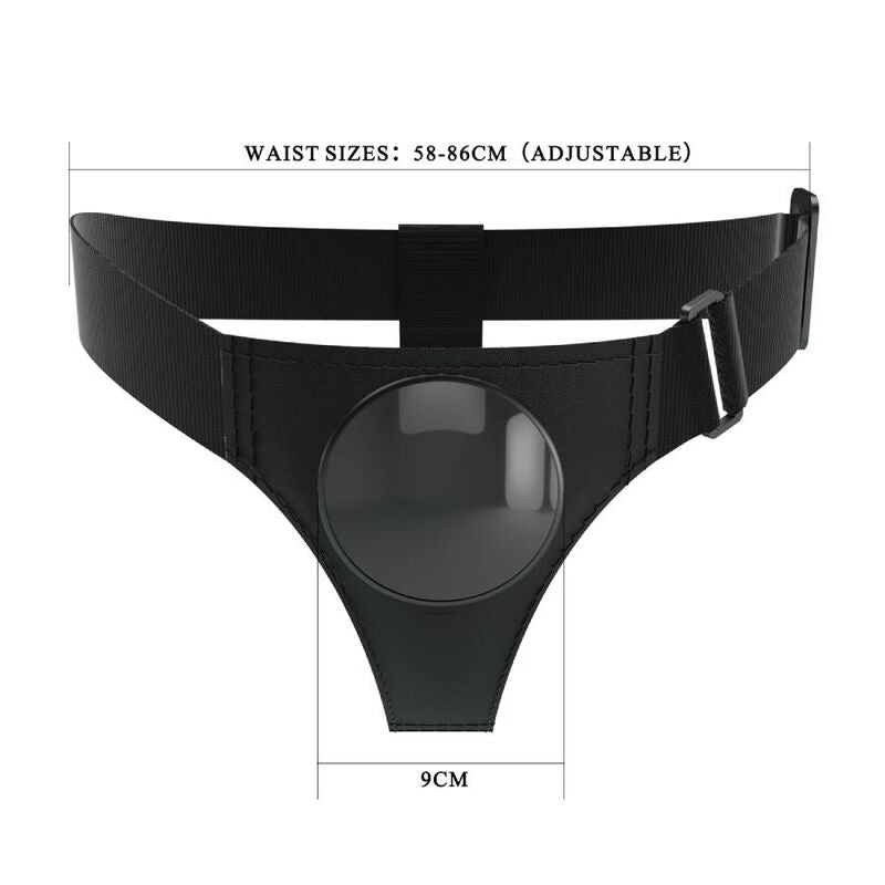Arnés universal negro de la marca PRETTY LOVE, con tirantes ajustables y diseño ergonómico para uso íntimo.