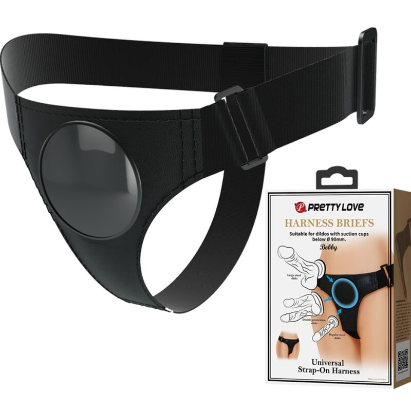 Arnés universal negro de la marca Pretty Love, diseñado para uso íntimo con correas ajustables y comodidad.