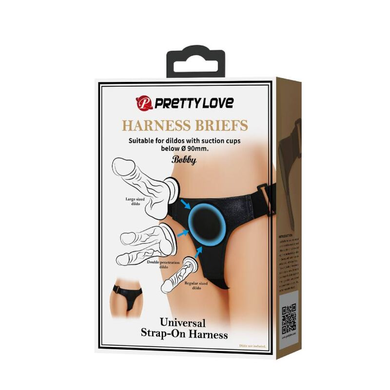 Arnés universal negro de la marca PRETTY LOVE, diseñado para uso íntimo con correas ajustables y material suave.