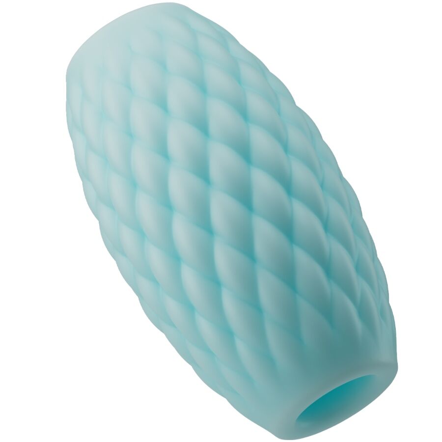 Masturbador masculino de silicona celeste de la marca PRETTY LOVE, modelo Athena Eros, con textura realista y diseño compacto.