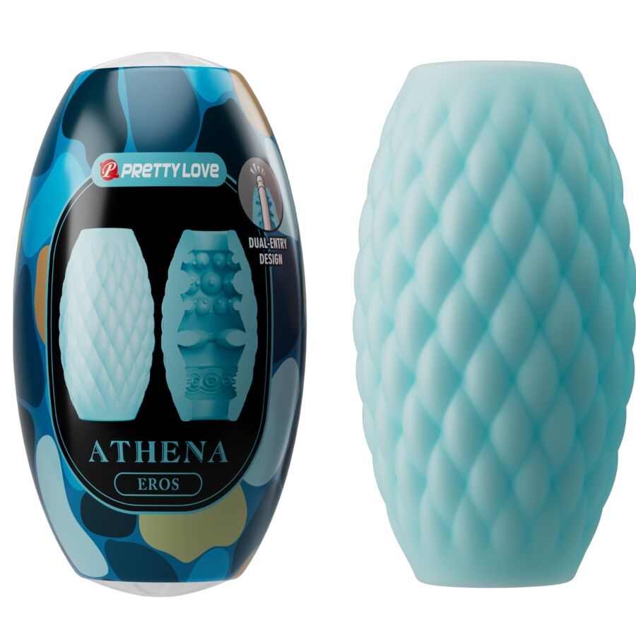 Masturbador masculino de silicona azul de la marca PRETTY LOVE, modelo Athena Eros, con textura realista para placer.