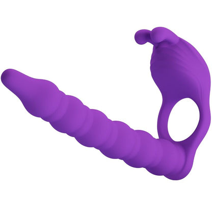 Anillo pene con plug vibrador lila de la marca PRETTY LOVE, diseñado para estimulación y placer.