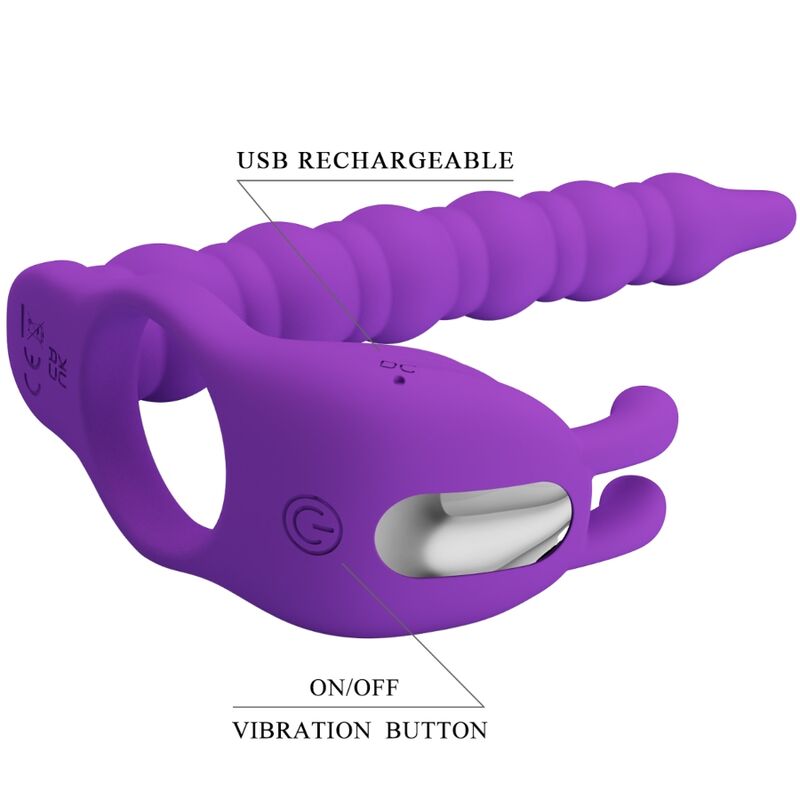 Anillo pene y plug vibrador lila de la marca PRETTY LOVE, diseño discreto y estimulante para placer íntimo.