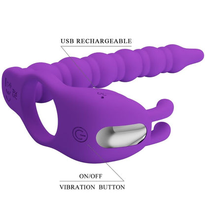 Anillo pene y plug vibrador lila de la marca PRETTY LOVE, diseño discreto y estimulante para placer íntimo.