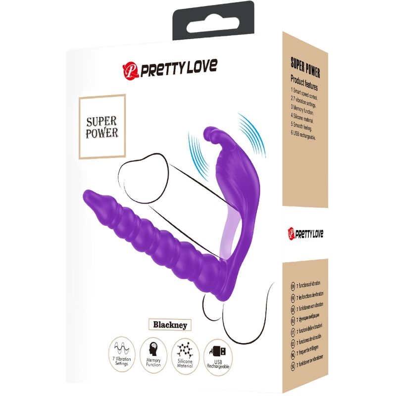 Anillo pene PRETTY LOVE Blackney con plug vibrador lila, diseñado para estimulación y placer, en un acabado negro y vibrante.