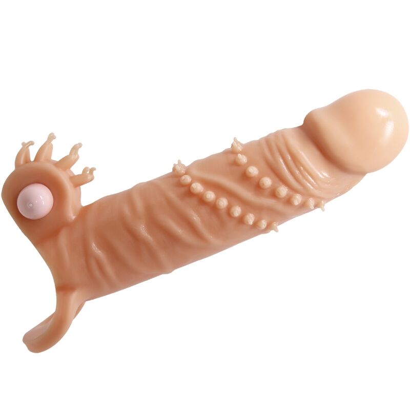 Funda para pene PRETTY LOVE Connor con estimulador de clítoris natural, material suave y diseño ergonómico.