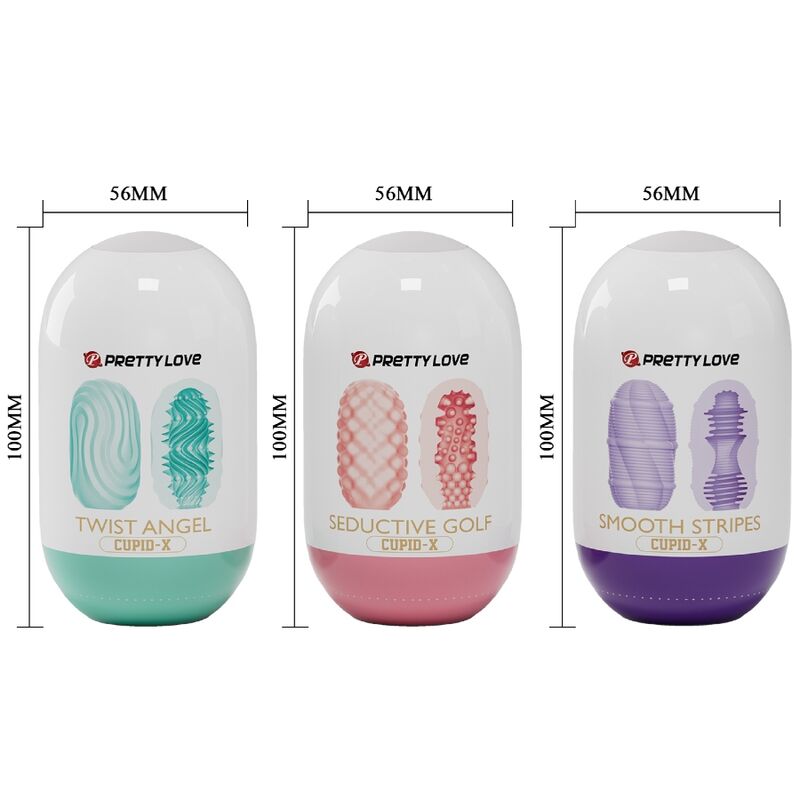 Masturbadores masculinos Pretty Love Cupid X con 18 diferentes texturas, en colores variados y diseño realista.